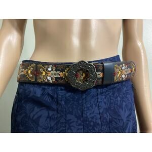 Vintage Lucky Brand Boho floral Embroidered Leather Belt - size M